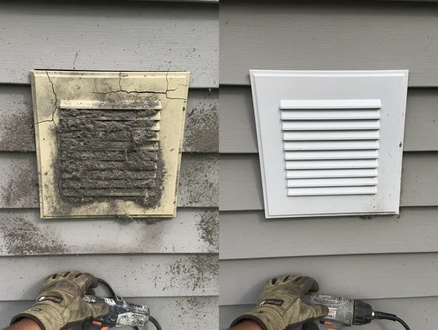 Worthington Dryer Vent Cleaning technician installing high-quality dryer vent cover at a residential property in Worthington