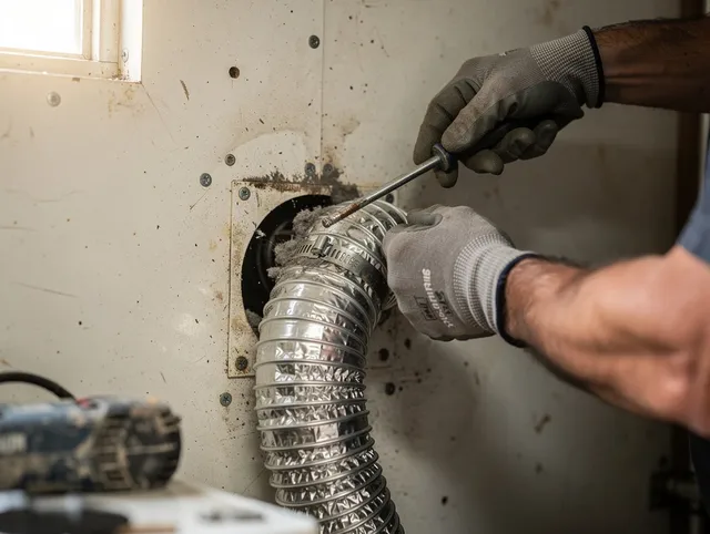 Worthington Dryer Vent Cleaning technician performing precise dryer vent hose installation in Worthington